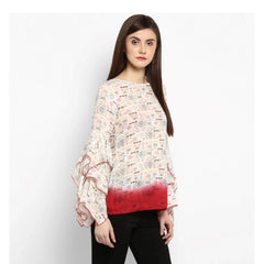 Mayawye Women's Rayon Crepe Printed Ruffle Sleeve Top (Off White - Red)