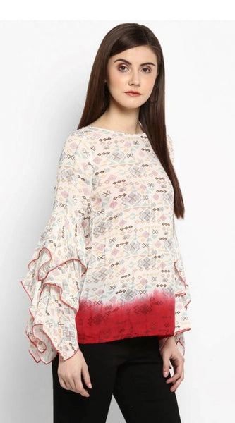 Mayawye Women's Rayon Crepe Printed Ruffle Sleeve Top (Off White - Red)