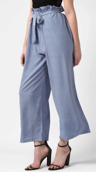 Mayawye Women's Polyester Striped Elasticated Trousers (Blue)