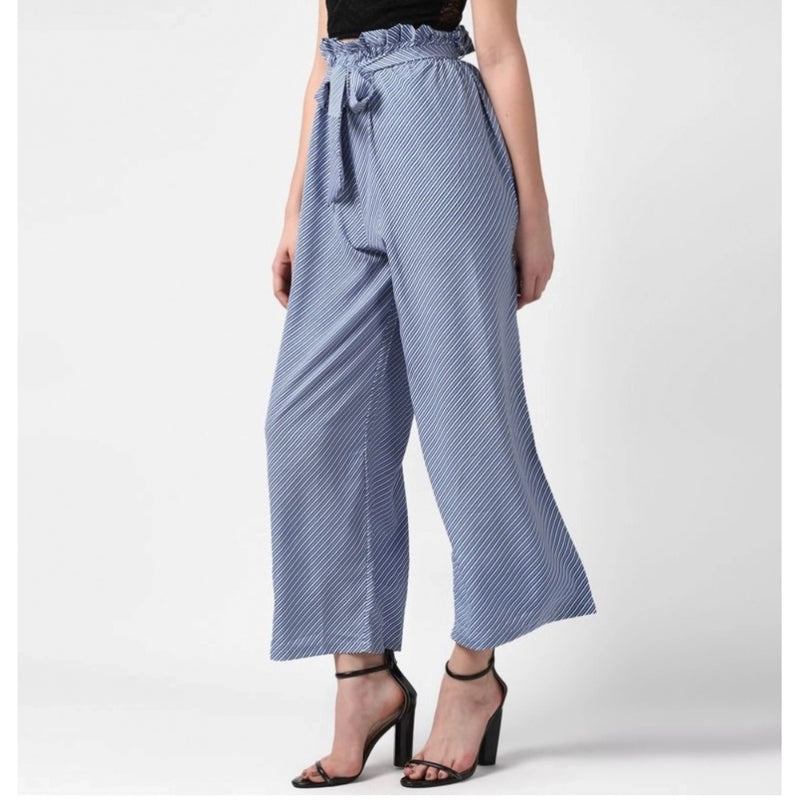 Mayawye Women's Polyester Striped Elasticated Trousers (Blue)