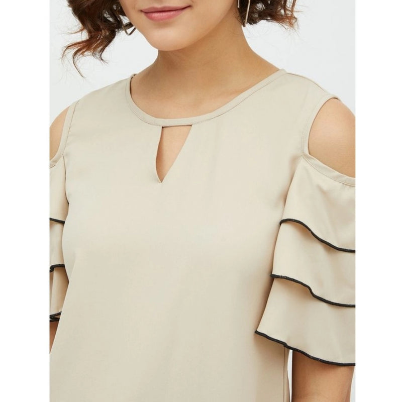 Mayawye Women's Polyester Tiered Cold Shoulder Top (Beige)