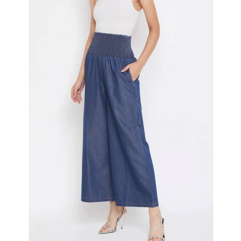 Mayawye Women's Denim Solid Smocked Trousers (Navy Blue)