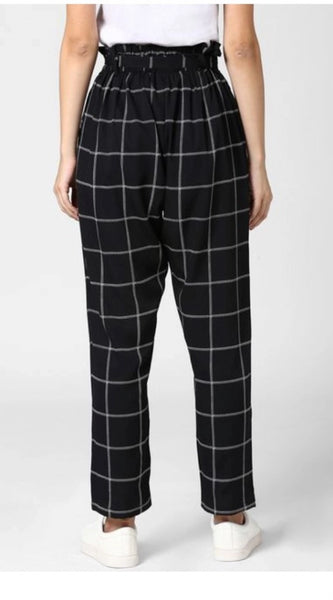 Mayawye Women's Polyester Checkered Elasticated Trousers (Black - White)