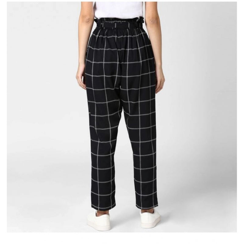 Mayawye Women's Polyester Checkered Elasticated Trousers (Black - White)