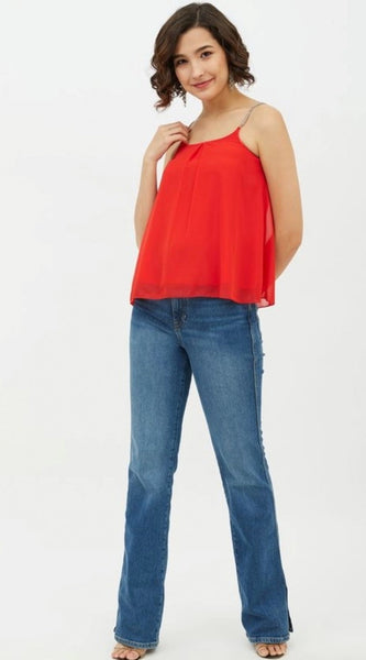Mayawye Women's Polyester Embellished Shoulder Straps Top (Red)