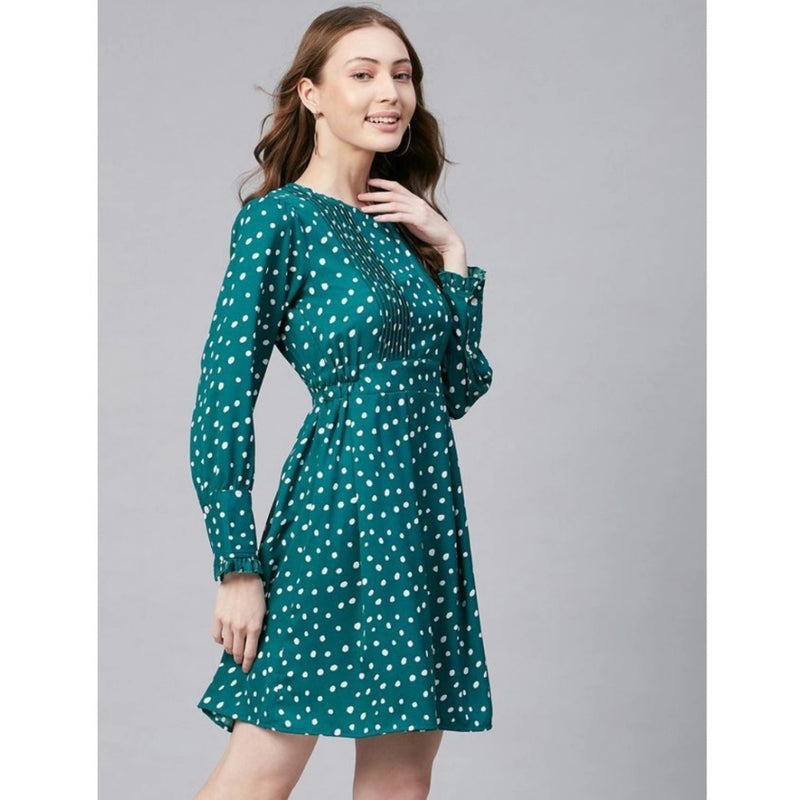 Mayawye Women's Polyester Polka Long Sleeves Above Knee Dress (Green - White)