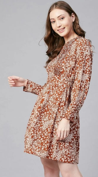 Mayawye Women's Polyester Floral Long Sleeves Above Knee Dress (Rust)