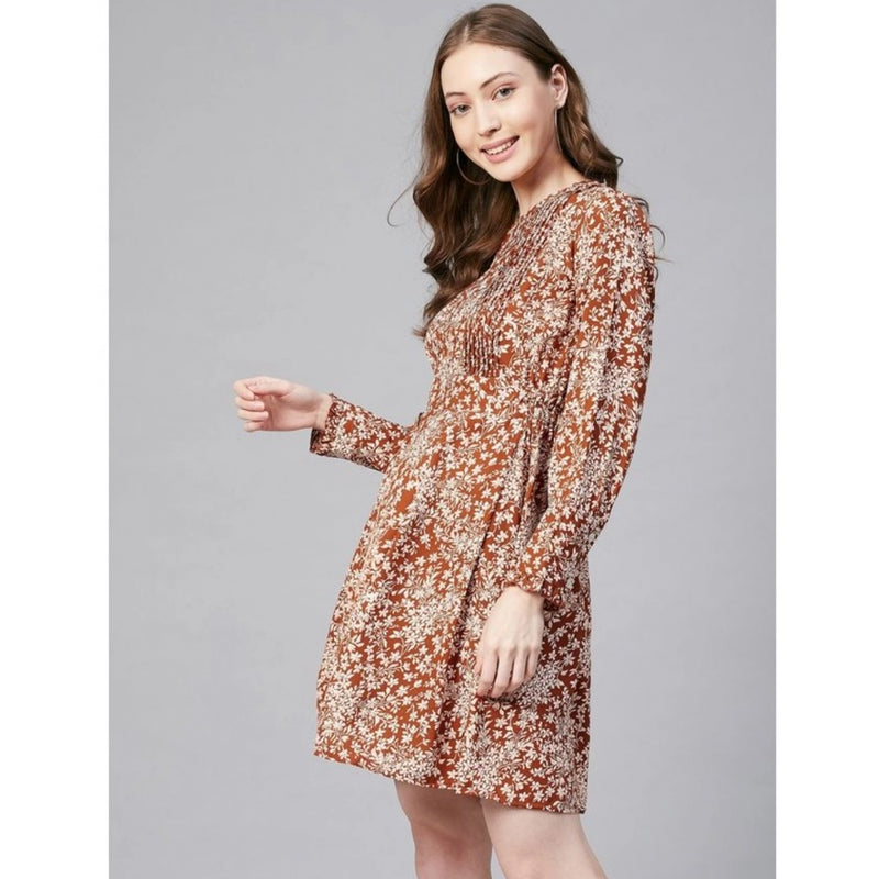 Mayawye Women's Polyester Floral Long Sleeves Above Knee Dress (Rust)