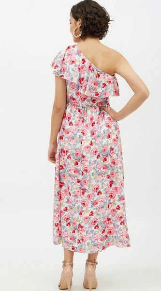 Mayawye Women's Polyester Floral One Shoulder Calf-length Dress (Multicolor)