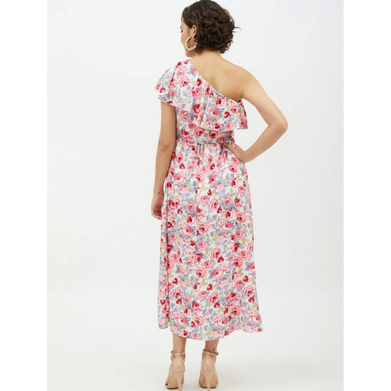 Mayawye Women's Polyester Floral One Shoulder Calf-length Dress (Multicolor)