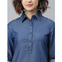 Mayawye Women's Denim Solid Long Sleeves Above Knee Dress (Navy Blue)