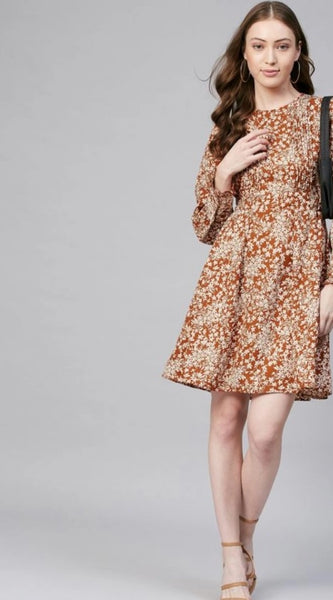 Mayawye Women's Polyester Floral Long Sleeves Above Knee Dress (Rust)
