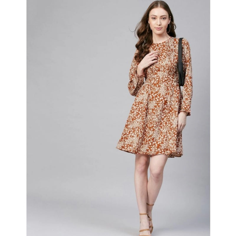 Mayawye Women's Polyester Floral Long Sleeves Above Knee Dress (Rust)