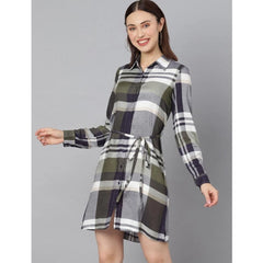 Mayawye Women's Cotton Checkered Long Sleeves Above Knee Dress (Olive - White)