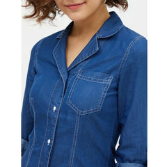Mayawye Women's Denim Solid Long Sleeves Above Knee Dress (Blue)
