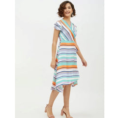Mayawye Women's Satin Striped Short Sleeve Knee-Length Dress (Multicolor)
