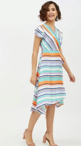 Mayawye Women's Satin Striped Short Sleeve Knee-Length Dress (Multicolor)