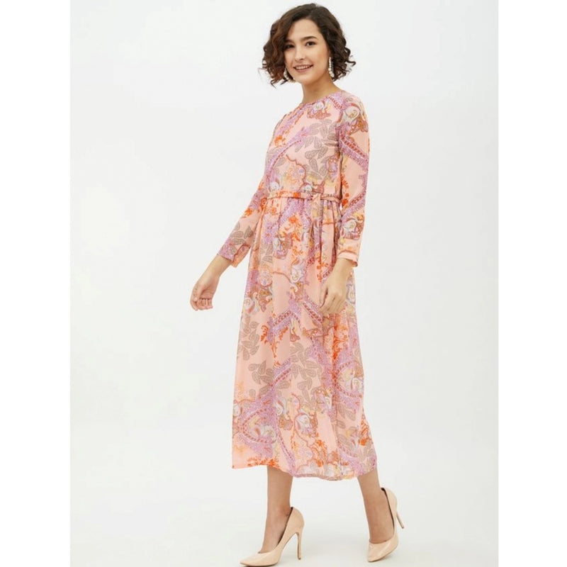 Mayawye Women's Polyester Printed Long Sleeves Calf-length Dress (Multicolor)
