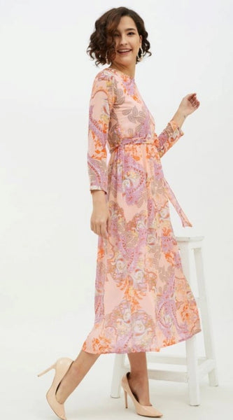 Mayawye Women's Polyester Printed Long Sleeves Calf-length Dress (Multicolor)