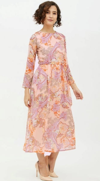 Mayawye Women's Polyester Printed Long Sleeves Calf-length Dress (Multicolor)