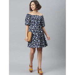 Mayawye Women's Polyester Off Shoulder Half Sleeve Above Knee Dress (Blue)