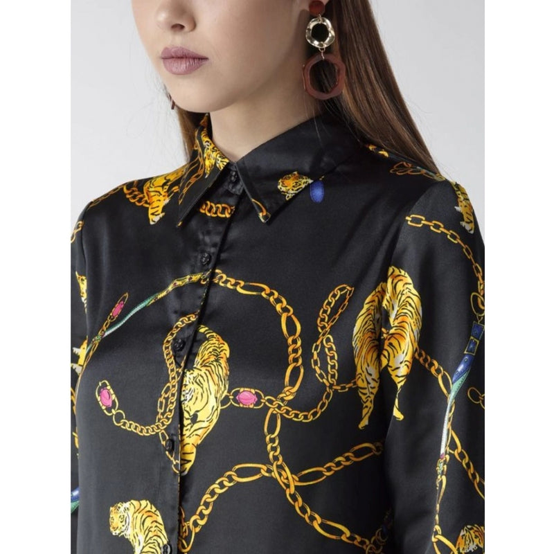 Mayawye Women's Satin Printed Long Sleeves Standard Length Shirt (Black - Gold)