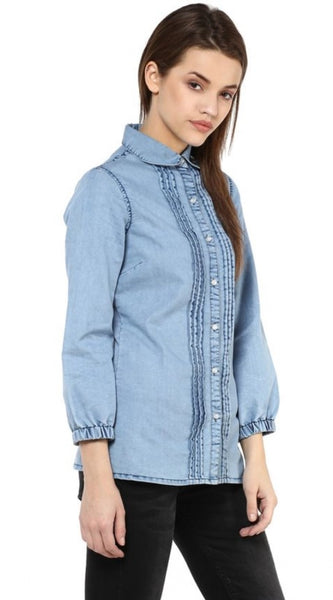 Mayawye Women's Denim Solid 3-4th Sleeves Standard Length Shirt (Blue)