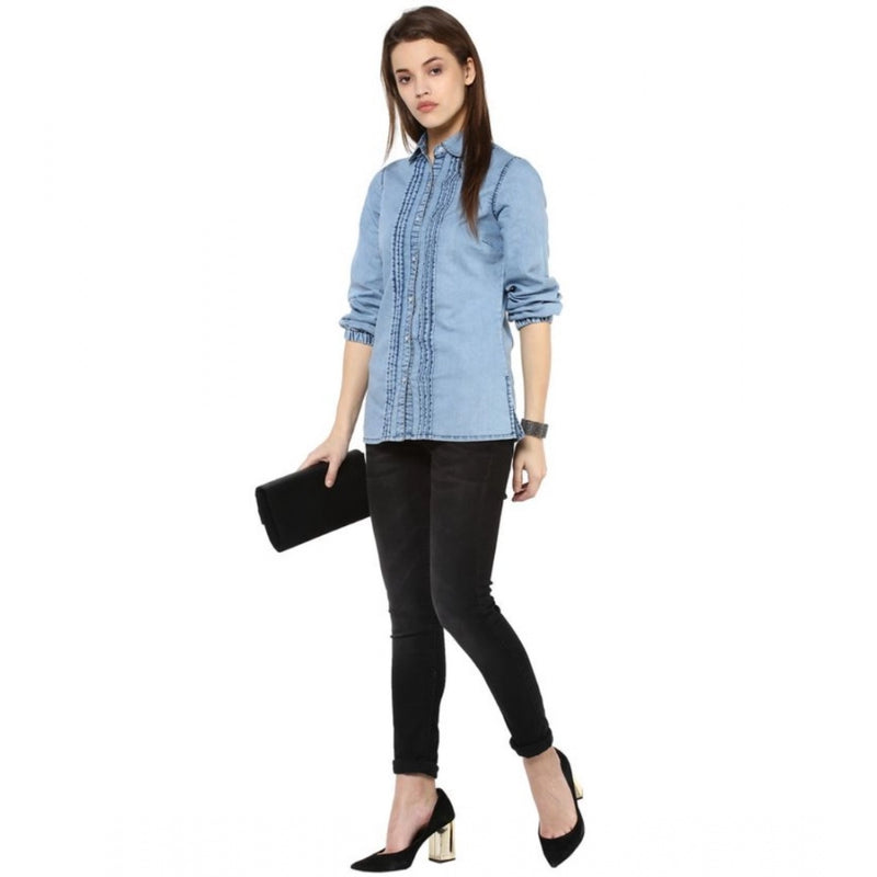 Mayawye Women's Denim Solid 3-4th Sleeves Standard Length Shirt (Blue)