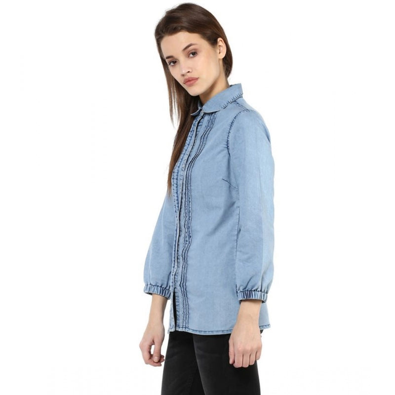 Mayawye Women's Denim Solid 3-4th Sleeves Standard Length Shirt (Blue)