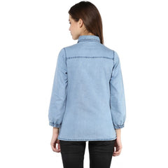 Mayawye Women's Denim Solid 3-4th Sleeves Standard Length Shirt (Blue)