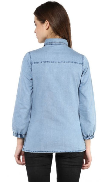 Mayawye Women's Denim Solid 3-4th Sleeves Standard Length Shirt (Blue)