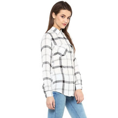 Mayawye Women's Rayon Checkered Long Sleeves Standard Length Shirt (Black - White)
