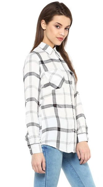 Mayawye Women's Rayon Checkered Long Sleeves Standard Length Shirt (Black - White)