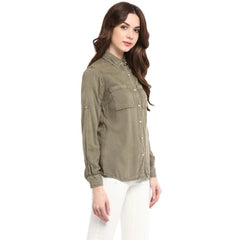 Mayawye Women's Rayon Solid Long Sleeves Standard Length Shirt (Olive Green)