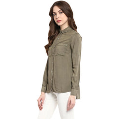 Mayawye Women's Rayon Solid Long Sleeves Standard Length Shirt (Olive Green)