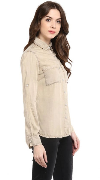 Mayawye Women's Rayon Solid Long Sleeves Standard Length Shirt (Beige)