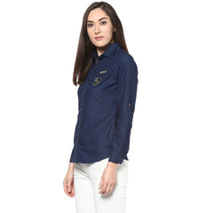 Mayawye Women's Denim Patch Work Long Sleeves Standard Length Shirt (Blue)
