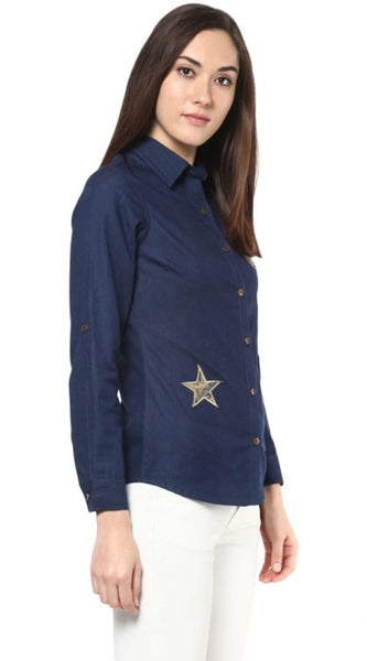 Mayawye Women's Denim Patch Work Long Sleeves Standard Length Shirt (Blue)