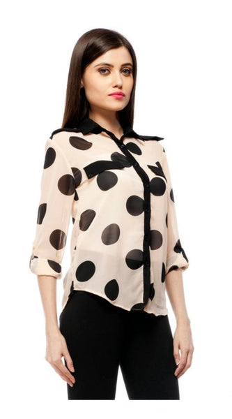 Mayawye Women's Polyester Polka Roll Up Sleeve Standard Length Shirt (Peach)