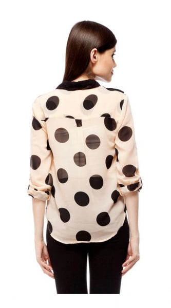 Mayawye Women's Polyester Polka Roll Up Sleeve Standard Length Shirt (Peach)