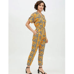 Mayawye Women's Polyester Printed Half Sleeve Long Jumpsuit (Yellow)