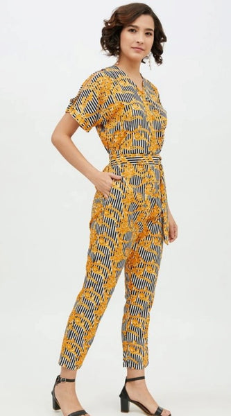Mayawye Women's Polyester Printed Half Sleeve Long Jumpsuit (Yellow)