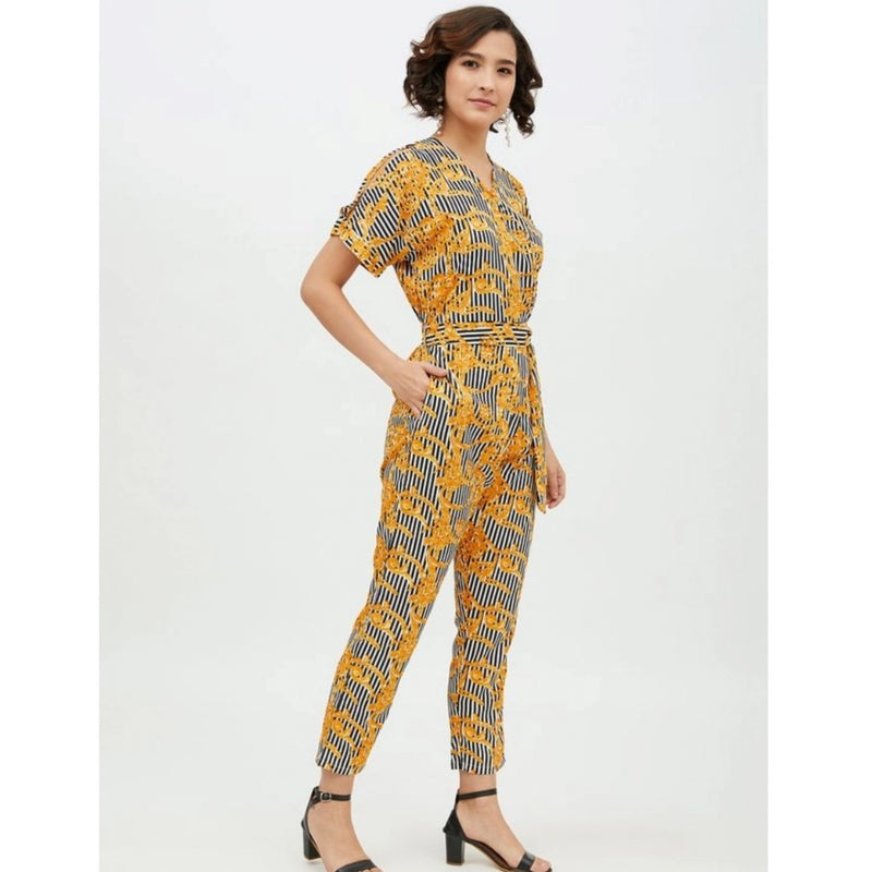 Mayawye Women's Polyester Printed Half Sleeve Long Jumpsuit (Yellow)