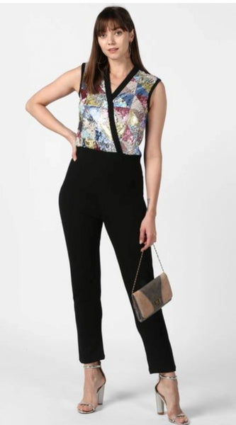 Mayawye Women's Polyester Embellished Sleeveless Jumpsuit (Black)