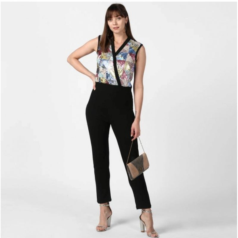 Mayawye Women's Polyester Embellished Sleeveless Jumpsuit (Black)
