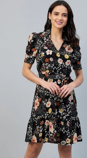 Mayawye Women's Polyester Floral Short Sleeve Above Knee Dress (Black)