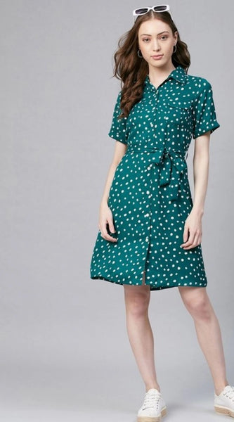 Mayawye Women's Polyester Polka Short Sleeve Above Knee Dress (Blue - White)
