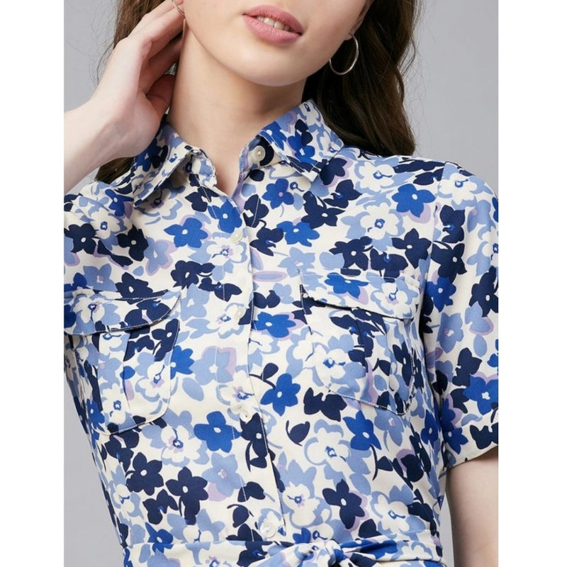 Mayawye Women's Polyester Floral Short Sleeve Above Knee Dress (Blue - White)