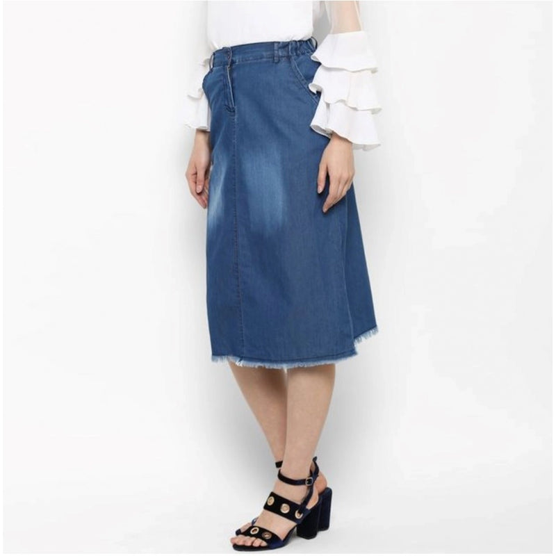 Mayawye Women's Denim Washed Buttoned Skirt (Blue)