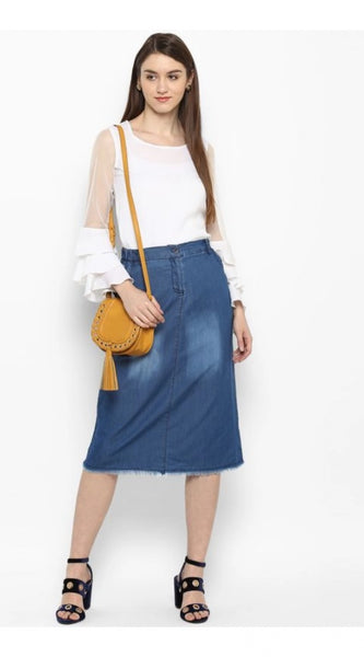Mayawye Women's Denim Washed Buttoned Skirt (Blue)